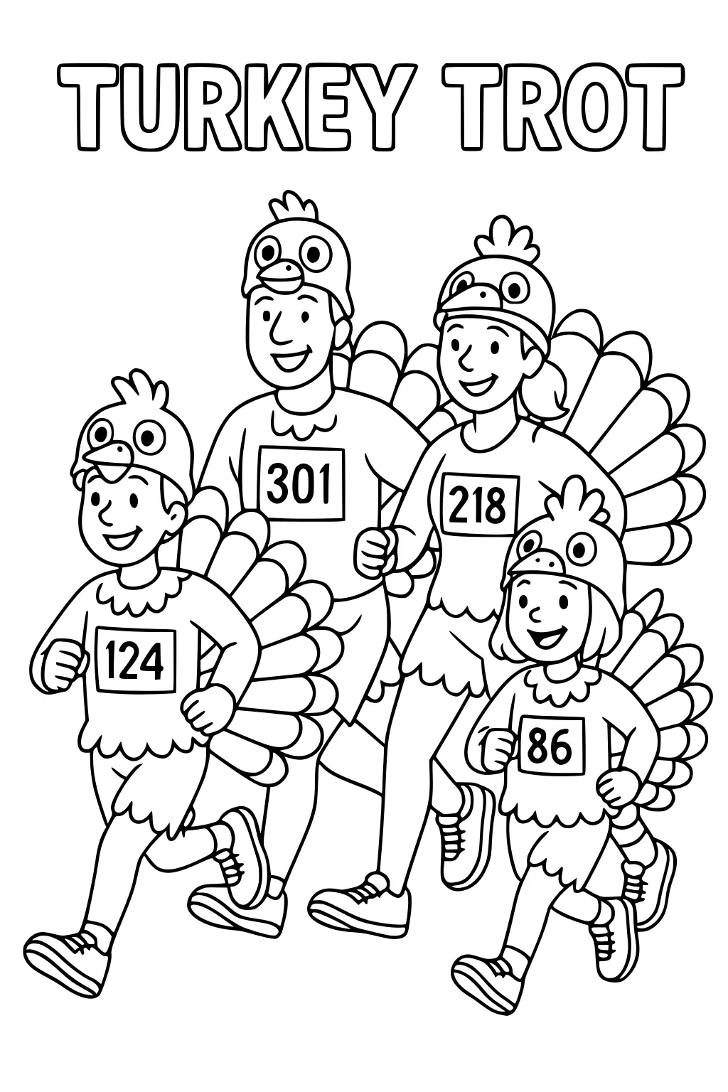 Family of four runs in turkey costumes with tail feathers and bibs 301, 218, 124, 86 under the words TURKEY TROT.