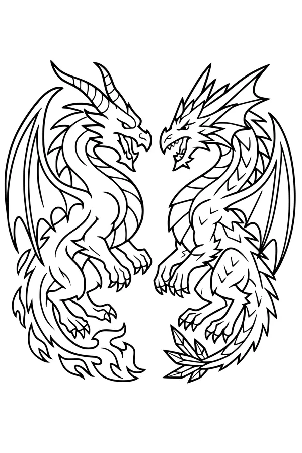Free Dragon Coloring Page - Twin Fantasy Dragons Facing Each Other (Printable PDF)