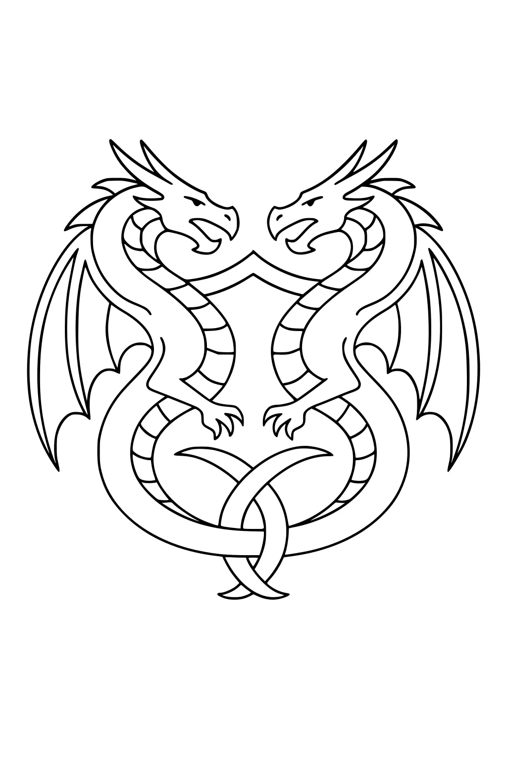 Two mirrored dragons with wings, horns back, claws almost touching, tails tied in a knot, bold black outlines on white.