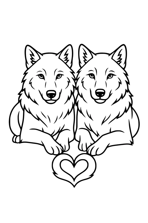 Free Wolf Coloring Page - Twin Wolves With Heart (Printable PDF)
