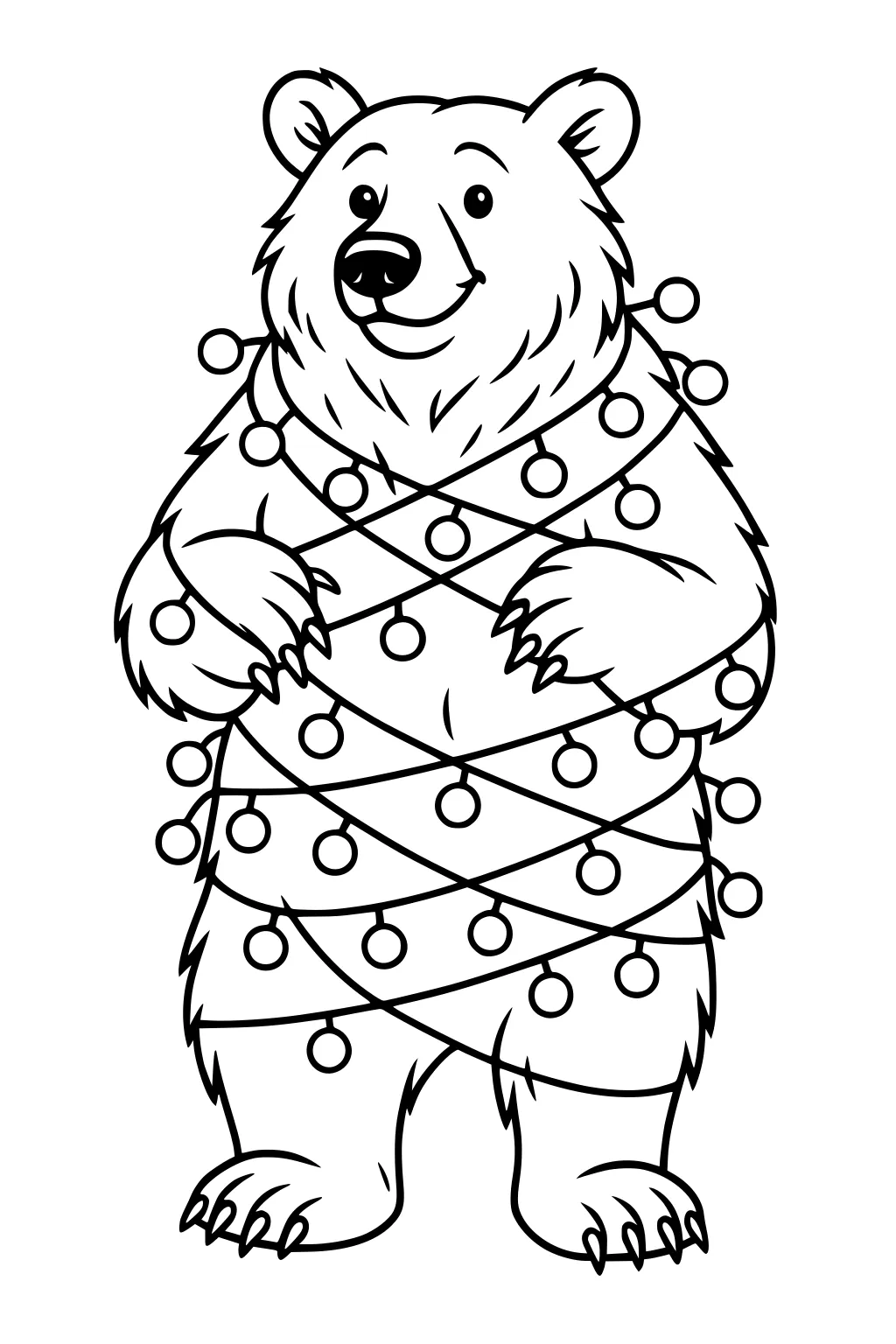 Standing bear wrapped in holiday lights, smiling, with paws raised and fluffy fur and claws visible.