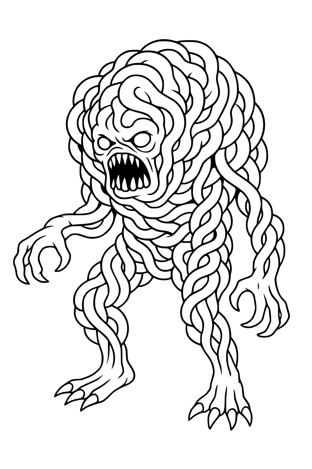 Braided rope-like monster, mouth open with sharp teeth, clawed hands and feet, hunched stance, bold outline on a white background.