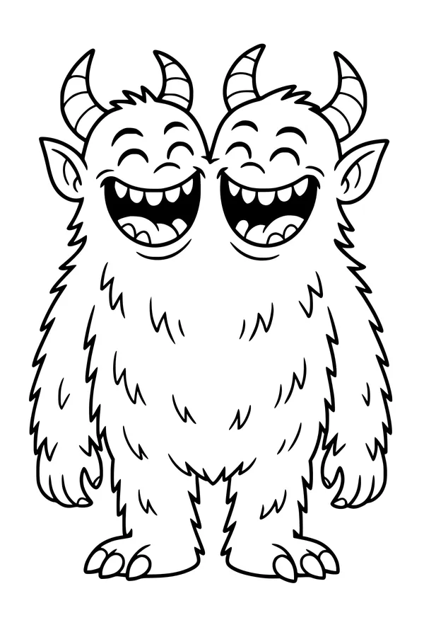 Free Monster Coloring Page - Two-Headed Furry Giggle Twins (Printable PDF)