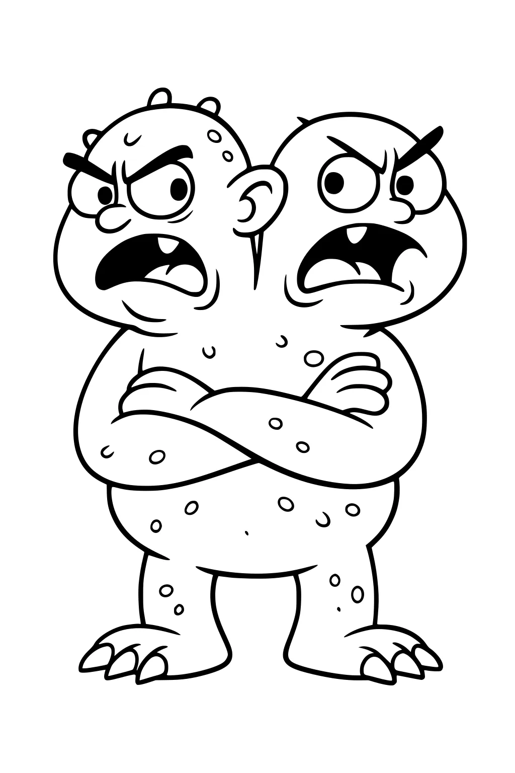 Two-headed cartoon monster with crossed arms, angry faces, bumpy spots, and clawed feet, drawn with bold outlines on white.