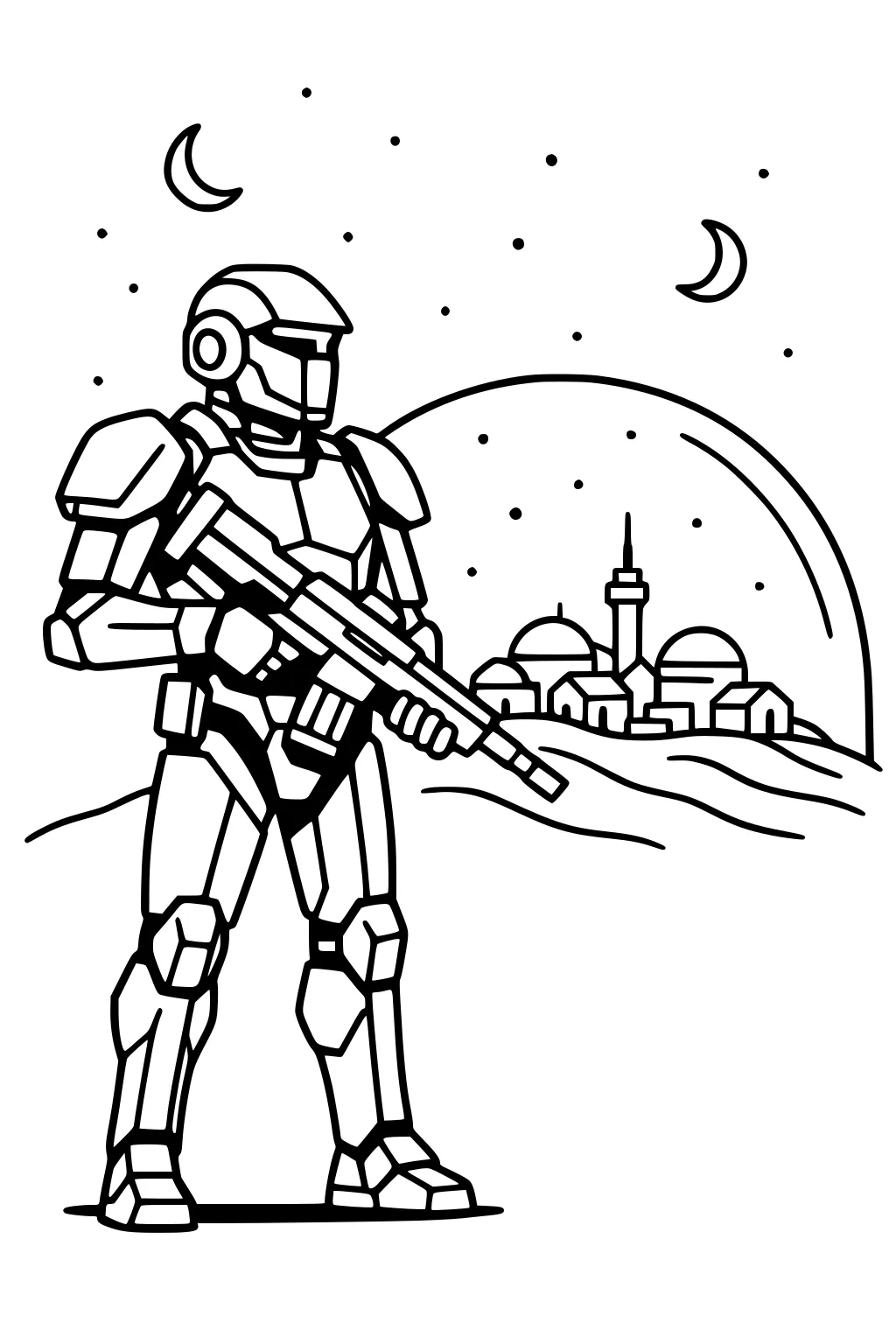 Humanoid robot in armor holds a long tool on a starry alien desert; domed city under a bubble and two crescent moons behind.