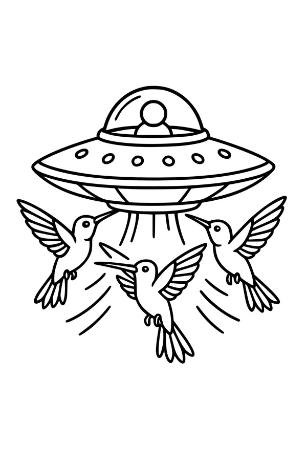 Free UFO Coloring Page - Friendly Saucer With Hummingbirds (Printable PDF)