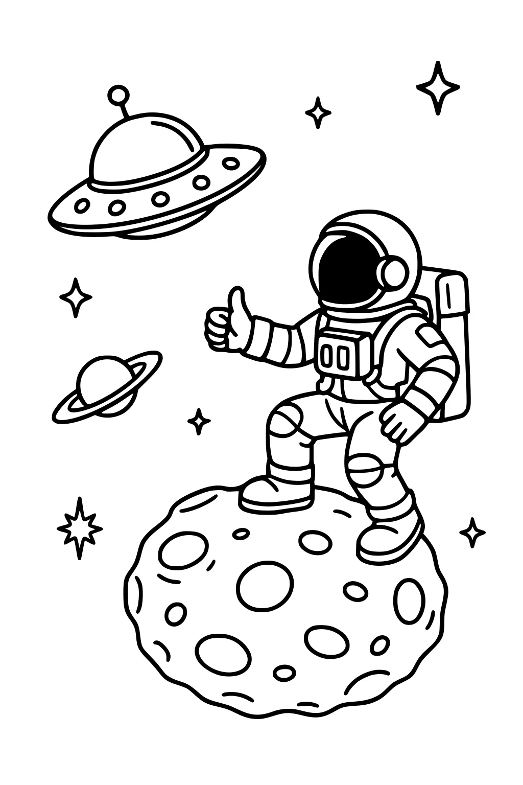 Astronaut on a cratered moon giving a thumbs up as a UFO flies by, with a small ringed planet and twinkling stars around.