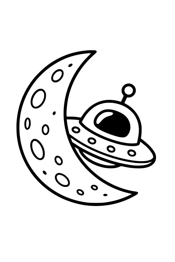Free UFO Coloring Page - Cartoon Spaceship by Crescent Moon (Printable PDF)