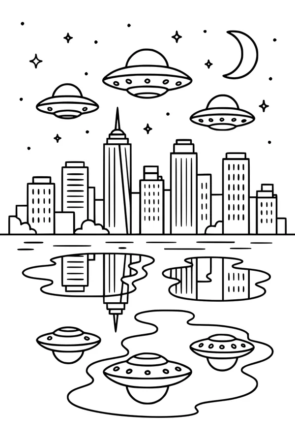 Free UFO City Coloring Page - Night Skyline With Moonlit Reflections (Printable PDF)
