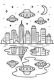 Free UFO City Coloring Page - Night Skyline With Moonlit Reflections (Printable PDF)
