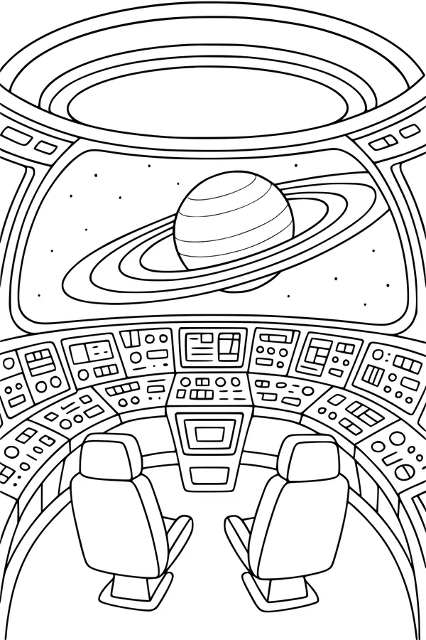 Free UFO Cockpit Coloring Page - Ringed Planet Bridge View (Printable PDF)