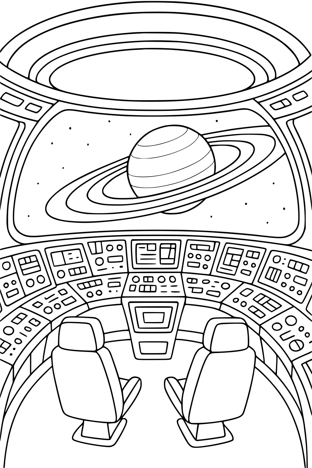 UFO cockpit with two seats, curved control panels, and a ringed planet visible through a large window dotted with stars.