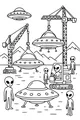 Free Aliens Coloring Page - Building UFOs at Space Construction Yard (Printable PDF)