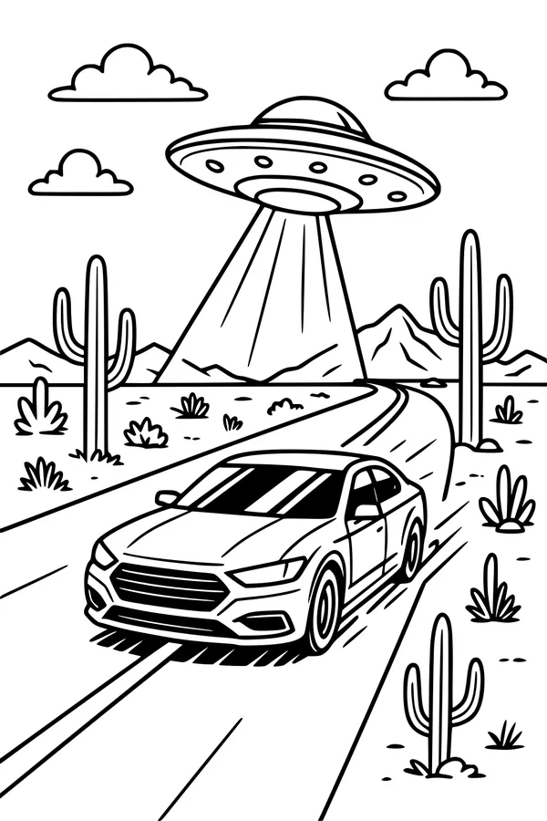 Free UFO Coloring Page - Flying Saucer Over Desert Highway (Printable PDF)