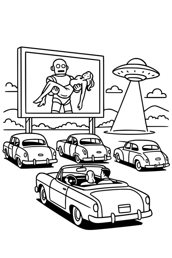Free UFO Coloring Page - Retro Drive-In Theater Scene (Printable PDF)
