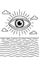 Free UFO Coloring Page - Eye-Shaped Alien Ship Above Ocean Waves (Printable PDF)