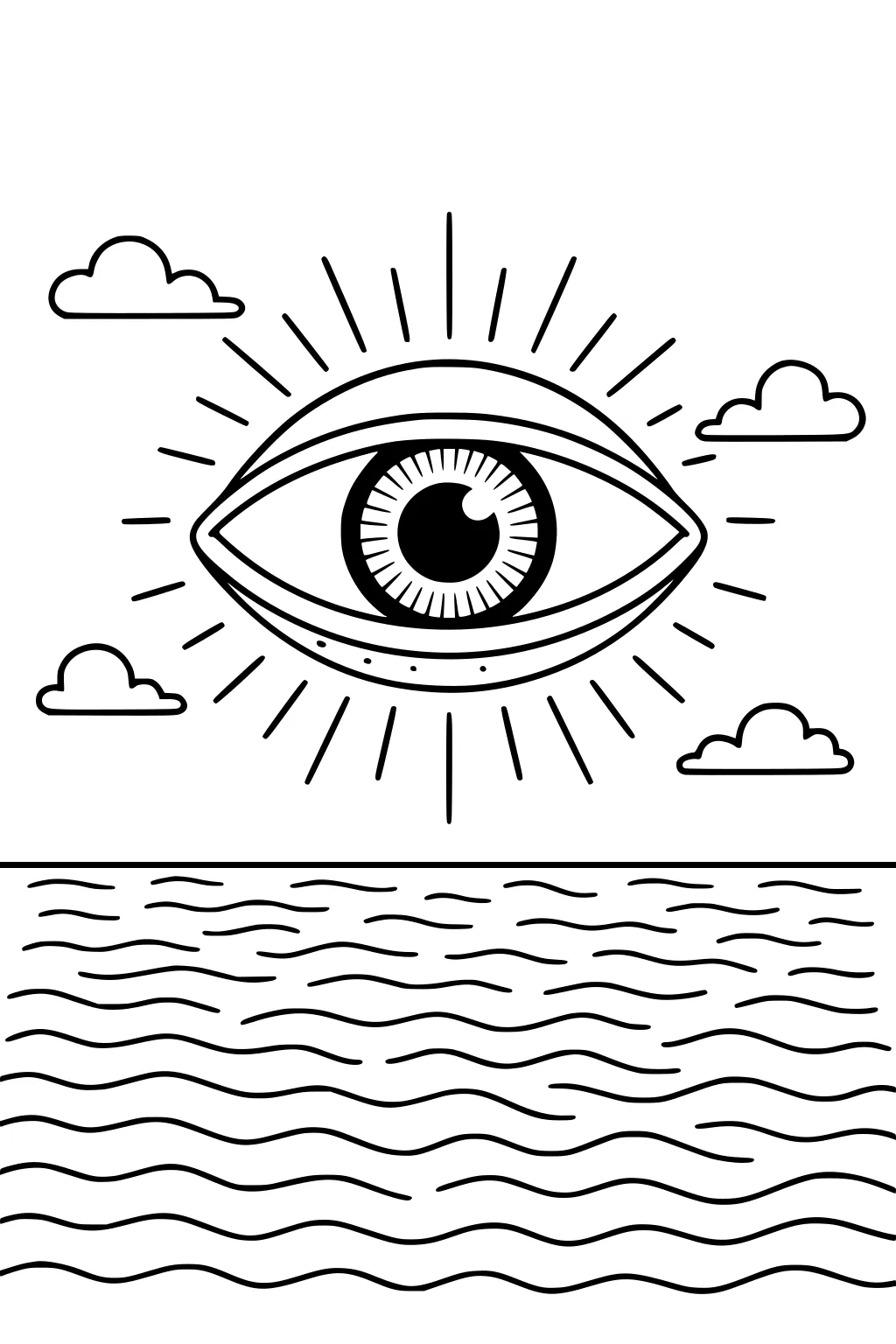 Eye-shaped UFO with radiating lines floating above wavy ocean and four clouds, simple black outlines.