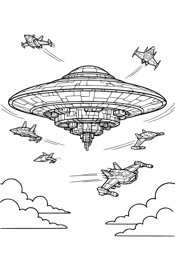 Free UFO Saucer Coloring Page - Giant Spaceship With Fighter Jets (Printable PDF)
