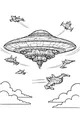 Free UFO Saucer Coloring Page - Giant Spaceship With Fighter Jets (Printable PDF)
