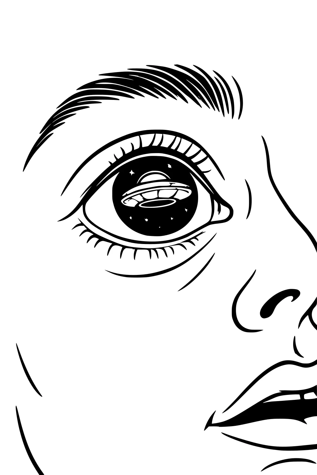 Boy's face close-up with a UFO and stars reflected in his eye; thick eyebrow, nose curve, and slightly open lips.
