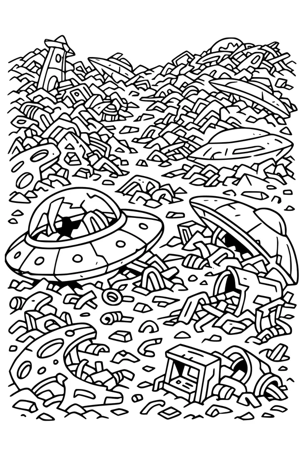 Free UFO Junkyard Coloring Page - Crashed Saucers in Rocky Space (Printable PDF)