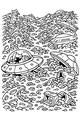 Free UFO Junkyard Coloring Page - Crashed Saucers in Rocky Space (Printable PDF)