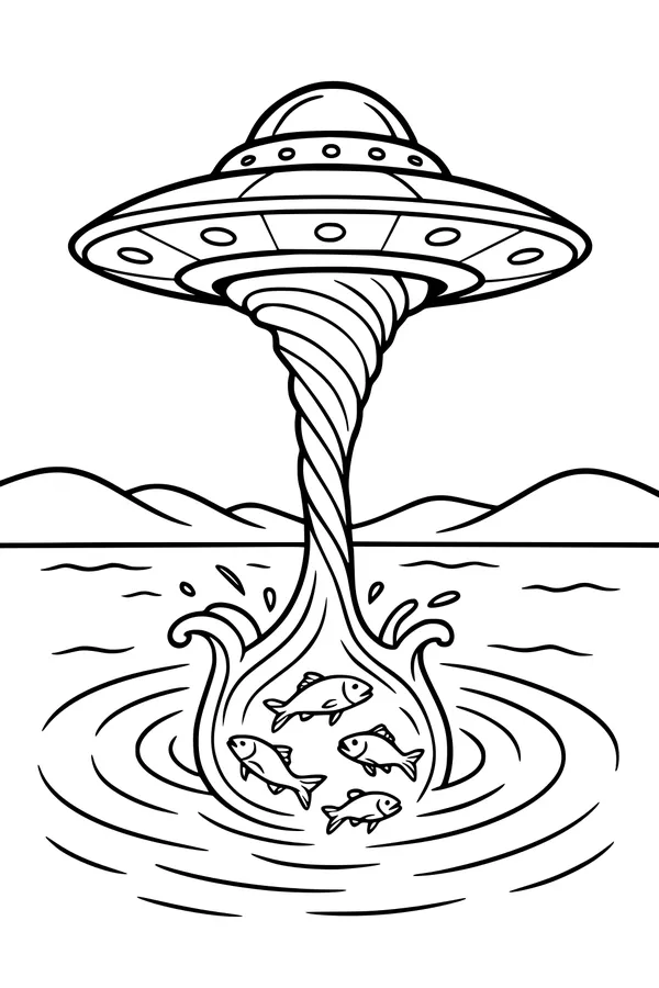 Free UFO Coloring Page - Spiral Tractor Beam Over Lake (Printable PDF)