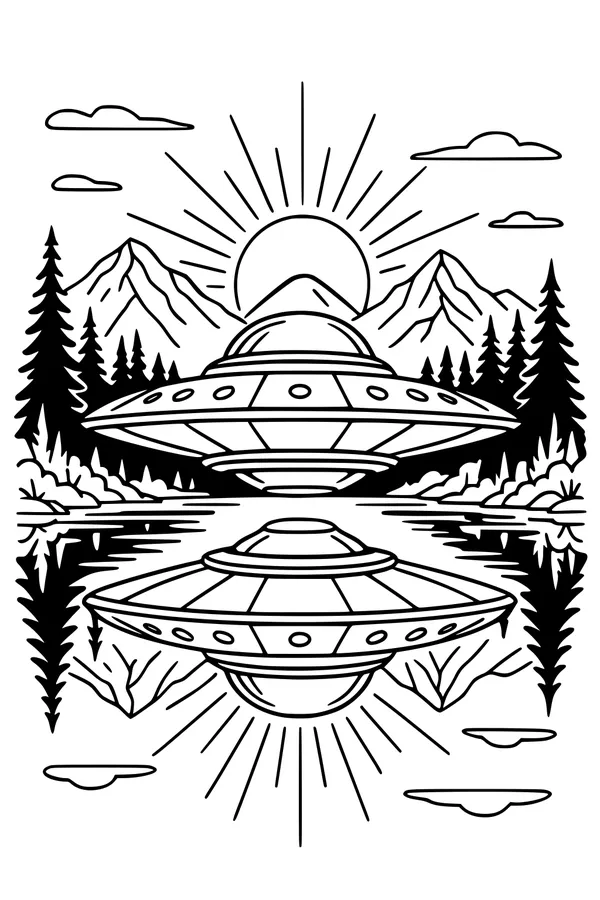 Free UFO Coloring Page - Sunrise Saucer Over Mountain Lake (Printable PDF)