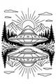 Free UFO Coloring Page - Sunrise Saucer Over Mountain Lake (Printable PDF)