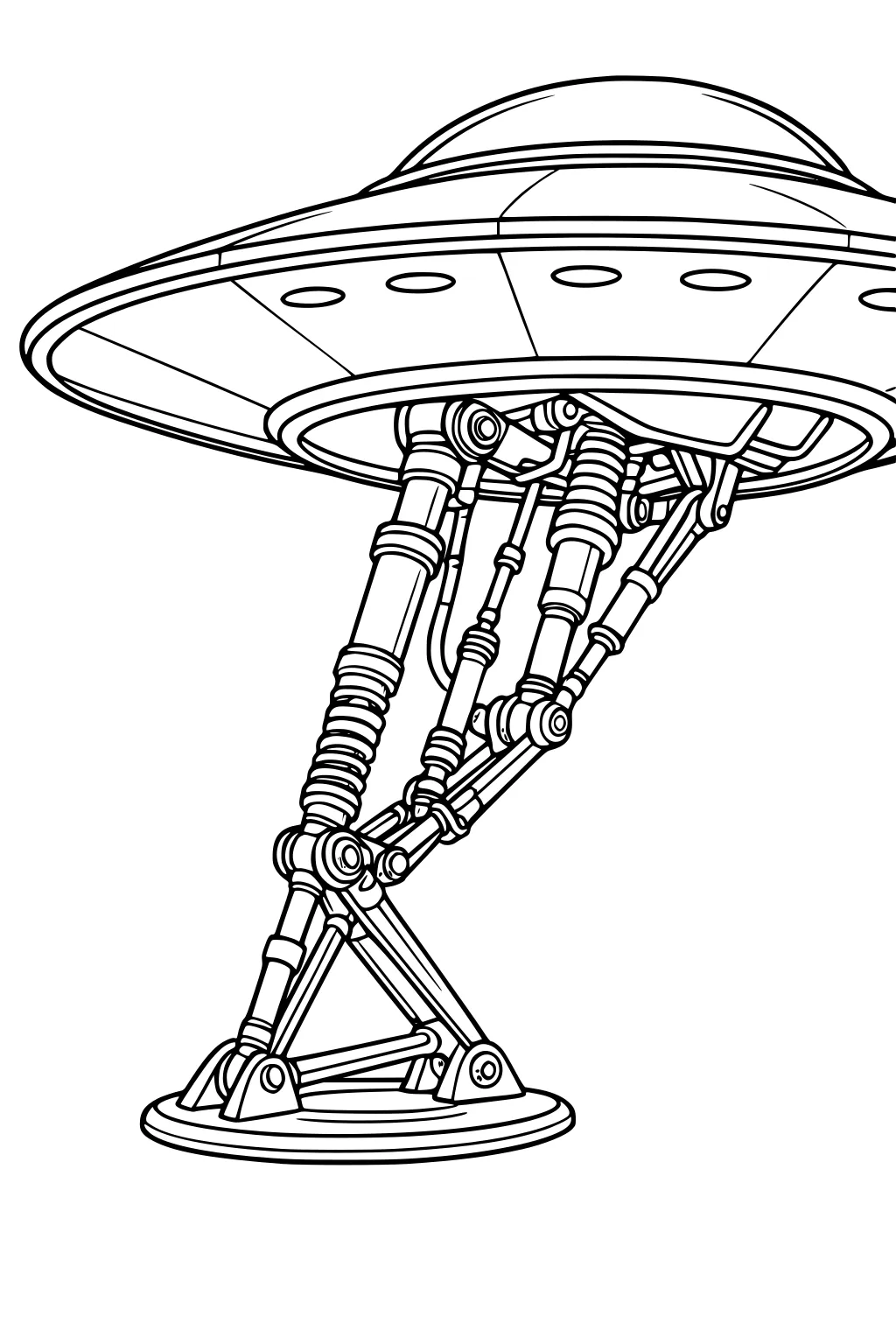 Domed saucer UFO with portholes and extended landing gear on a round pad, close-up of struts, coils, and pistons.