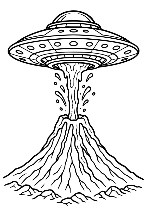 Free UFO Coloring Page - Flying Saucer Sipping Lava Volcano (Printable PDF)