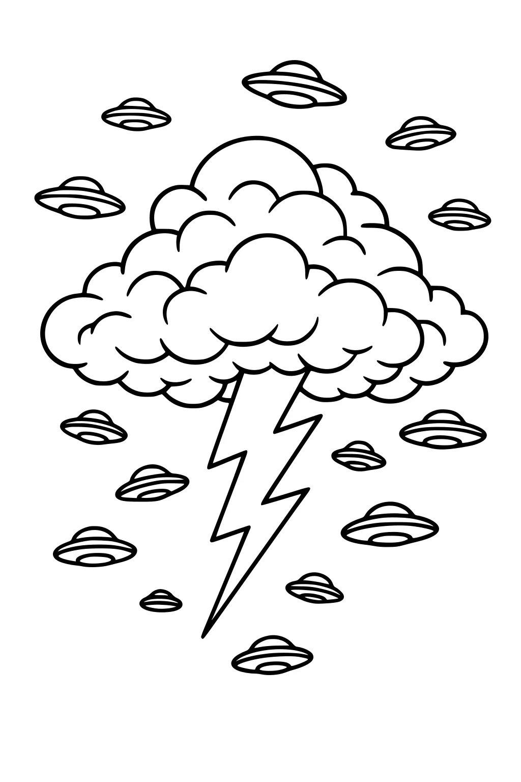 Big puffy storm cloud with a zigzag lightning bolt, surrounded by many small flying saucers, simple outline sky scene.