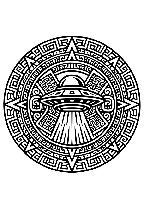 Free UFO Coloring Page - Saucer Beam Over Geometric Maze Rings (Printable PDF)