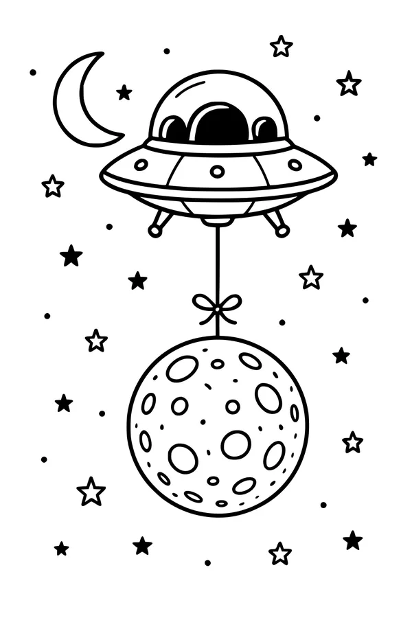 Free UFO Coloring Page - Alien Spaceship Towing Moon Balloon (Printable PDF)