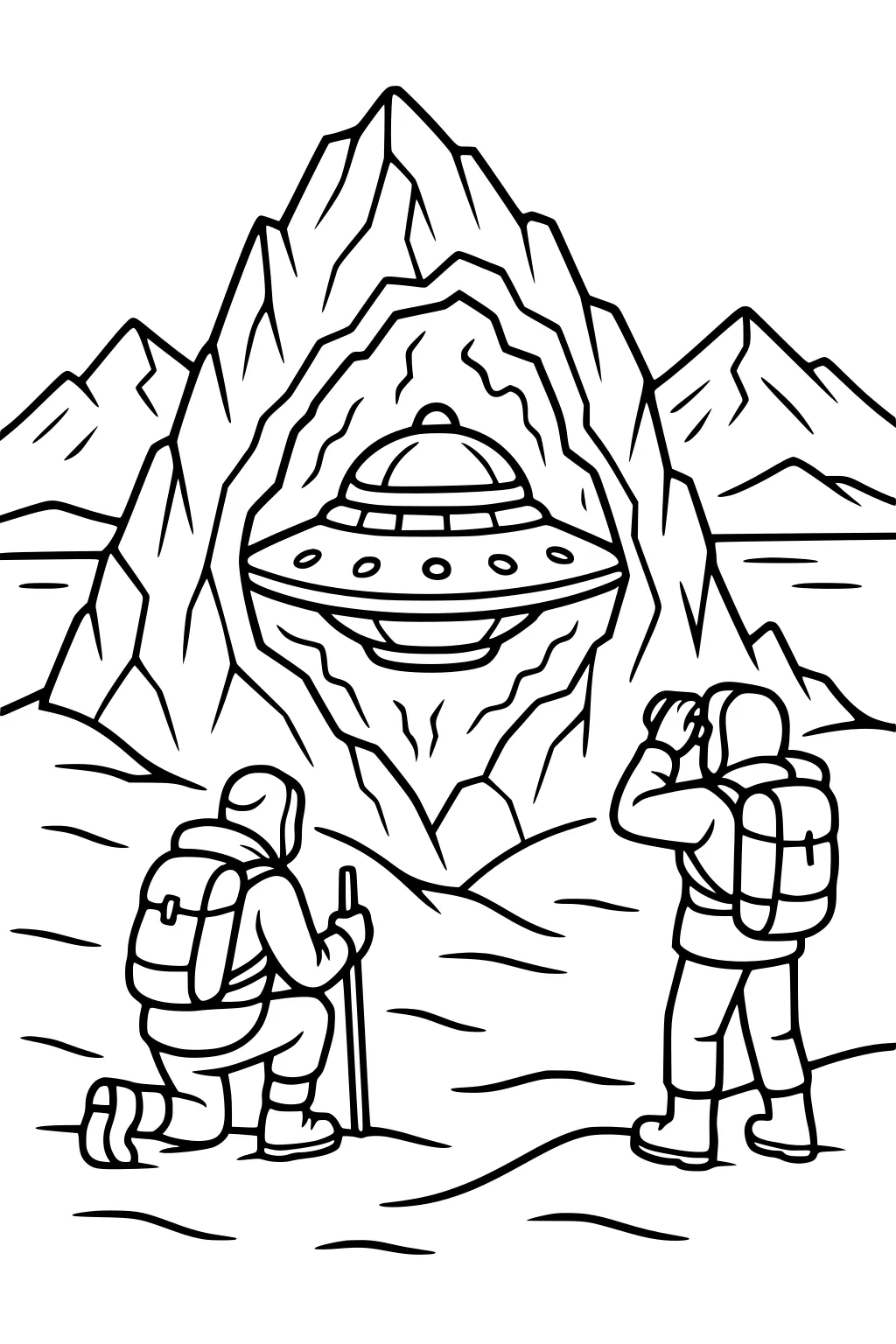 Two hikers watch a UFO in a mountain cave; one kneels with a stick, one uses binoculars; snowy peaks and a lake behind.