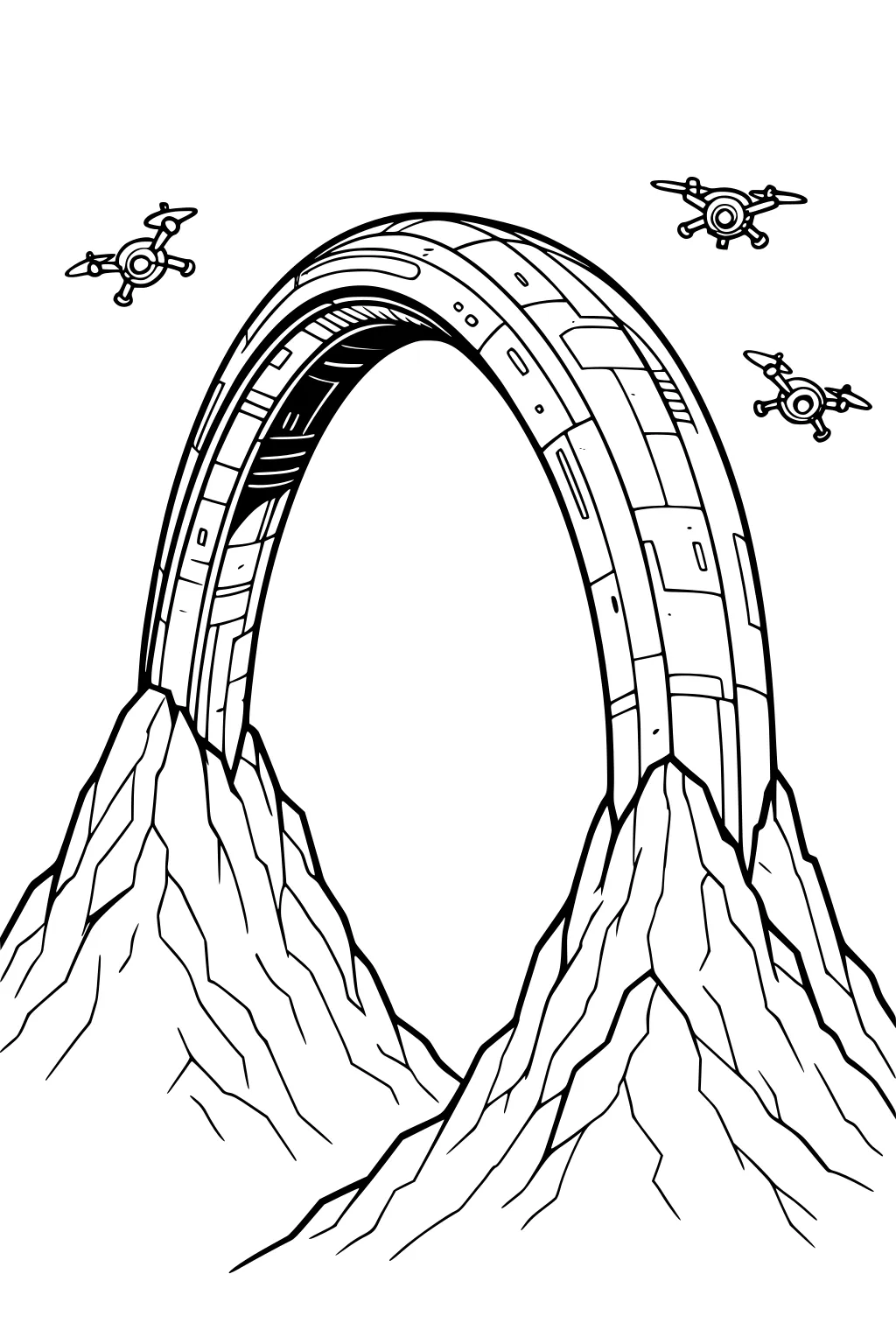 Large metal arch between sharp mountains with three small UFO drones flying above, outlined for kids to color.