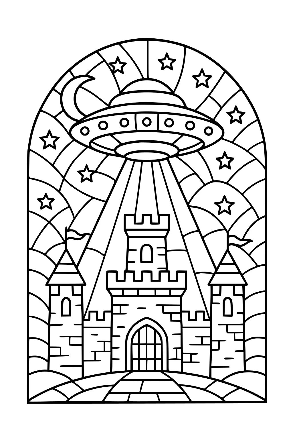 UFO over a medieval castle, beam on center tower, crescent moon, stars, arched frame, stone path to the gate.