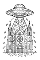 Free UFO Coloring Page - Spaceship Above Gothic Cathedral (Printable PDF)