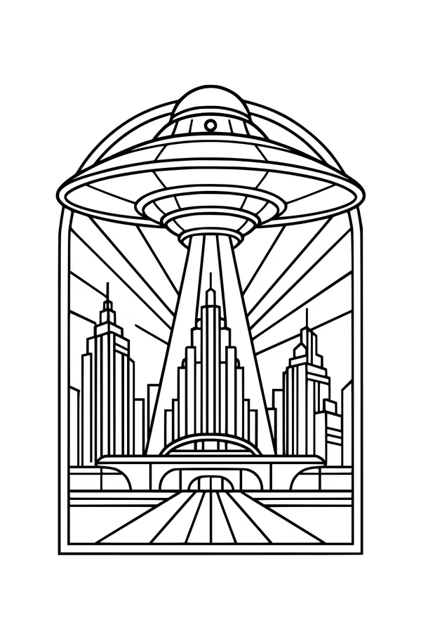 Free UFO Coloring Page - Retro Saucer Over City Skyline (Printable PDF)