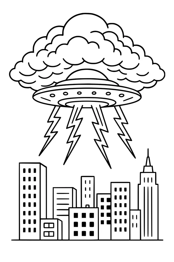 Free UFO Coloring Page - Spaceship Storm Over City Skyline (Printable PDF)