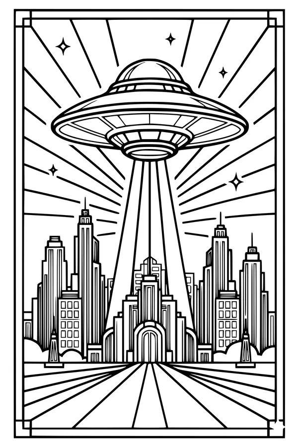 Free UFO Coloring Page - Spaceship Over Art Deco City Skyline (Printable PDF)