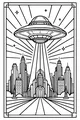 Free UFO Coloring Page - Spaceship Over Art Deco City Skyline (Printable PDF)