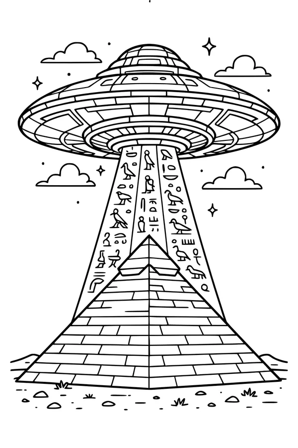Free UFO Coloring Page - Spaceship Over Egyptian Pyramid (Printable PDF)