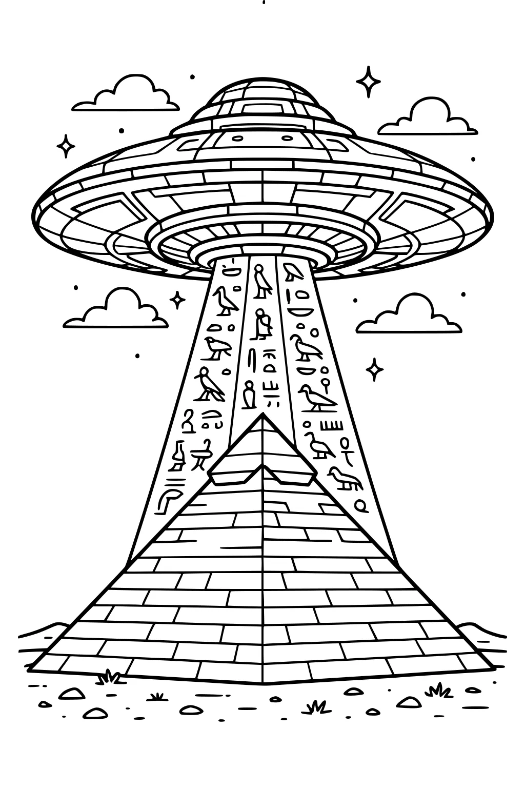 UFO above an Egyptian pyramid, beam filled with hieroglyphs, with stars, clouds, and small desert rocks in the background.