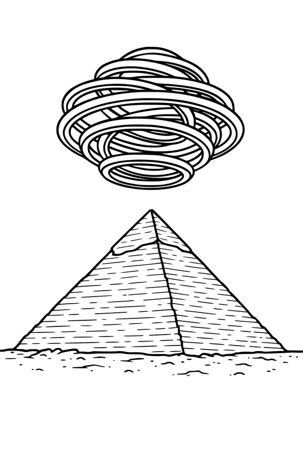 Free UFO Coloring Page - Swirly Saucer Over Egyptian Pyramid (Printable PDF)