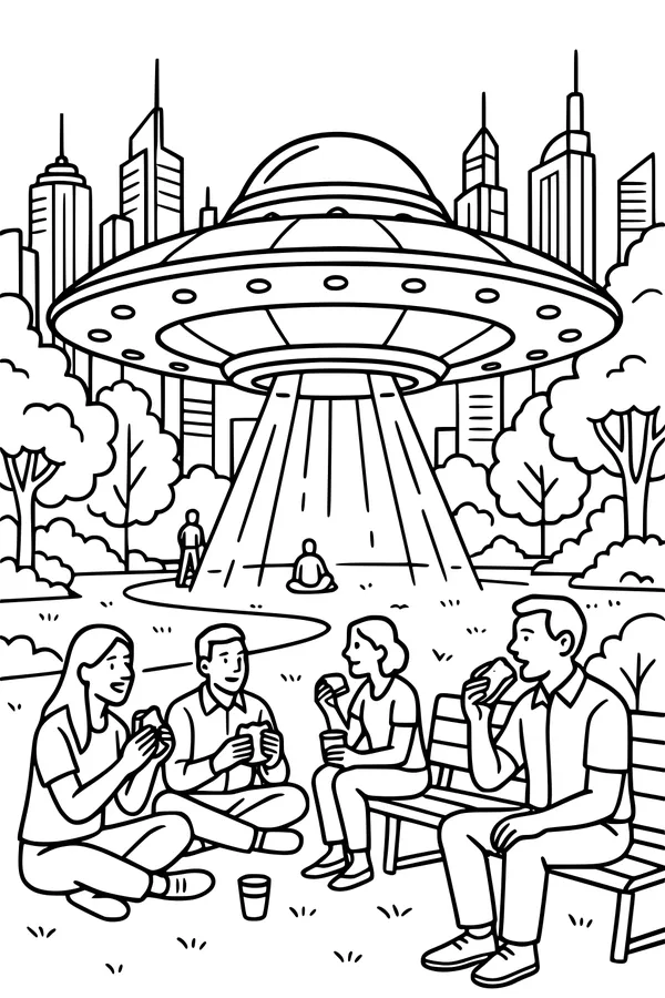 Free UFO Coloring Page - Flying Saucer Over City Park Picnic (Printable PDF)