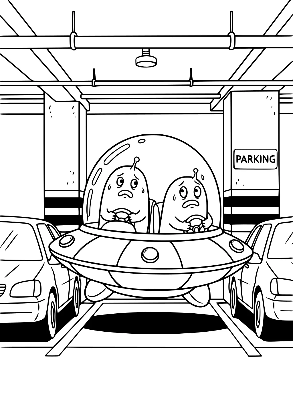 Two worried aliens in a UFO hover between cars in an indoor parking garage with ceiling pipes and a Parking sign.