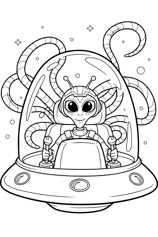 Free Alien UFO Coloring Page - Boy Pilot in Bubble Spaceship (Printable PDF)
