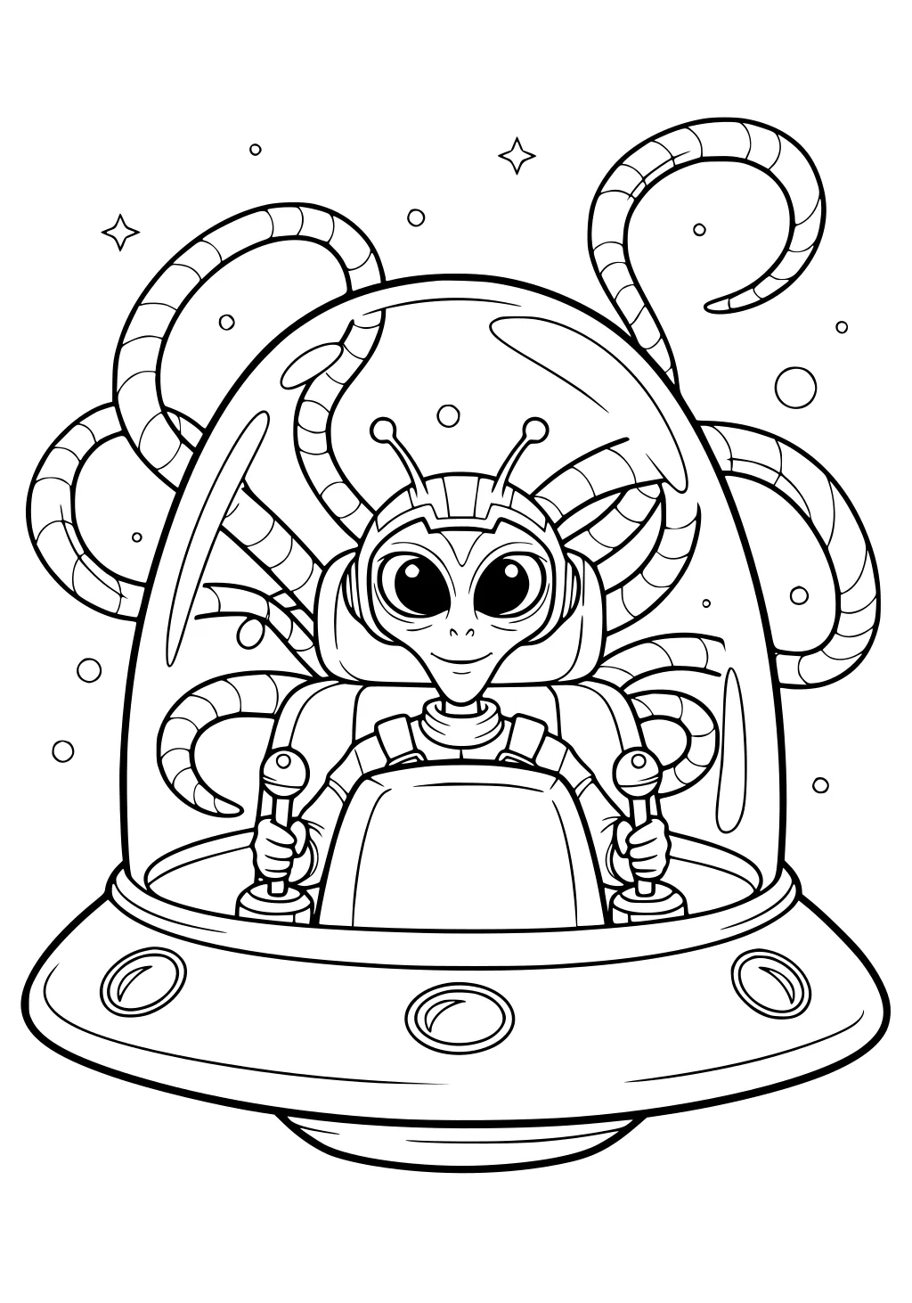 Alien boy in a dome UFO holding two joysticks, striped tentacles behind him, small stars and dots floating around.