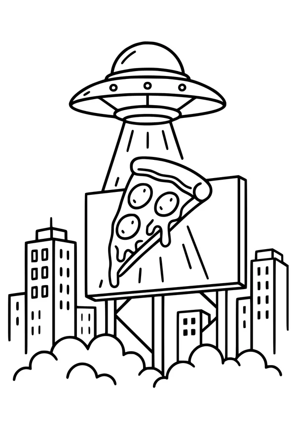 Free UFO Coloring Page - Beaming Pizza Billboard Over City (Printable PDF)
